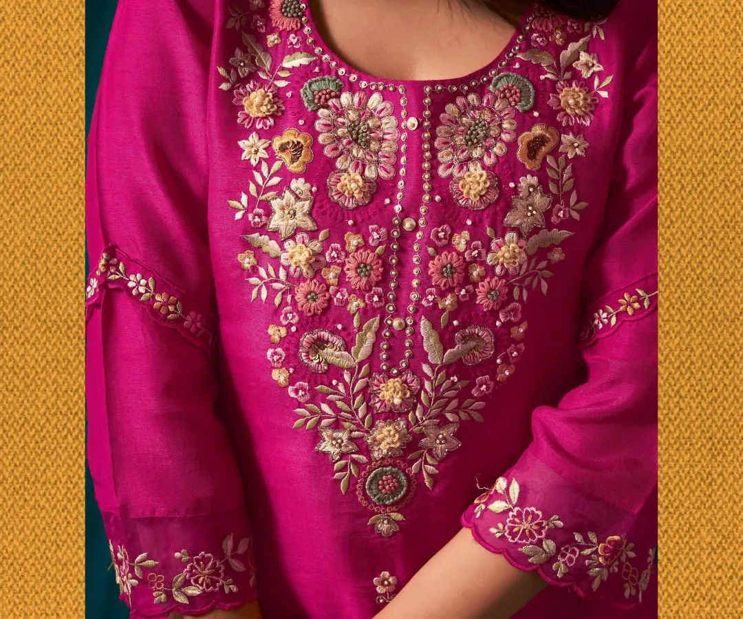 The magic is in the details. This is a close-up of the intricate floral and zardosi embroidery on one of my custom kurta sets. I am very particular about using high-quality fabrics and handwork to create pieces that feel truly special.