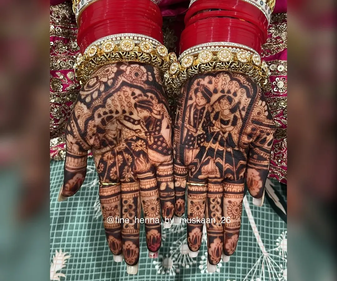 The magic is in the stain. This is the result of my all natural henna paste after it develops, a deep, rich maroon that looks stunning with the traditional bridal chura. Mashallah, what a colour.