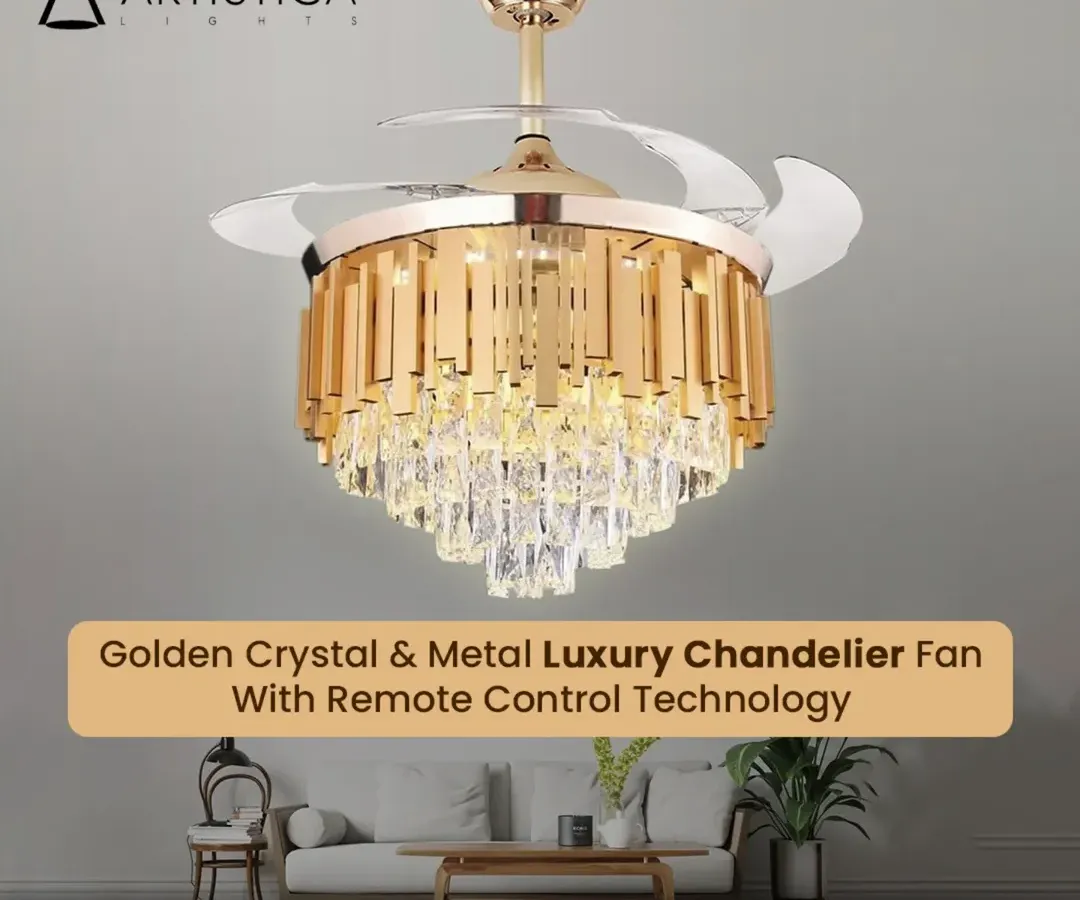 For those who love timeless glamour, I created this Golden Crystal Chandelier Fan. It combines the classic elegance of a crystal *jhumar* with the modern convenience of a powerful fan. The intricate metalwork and cascading crystals catch the light beautifully, while the retractable blades offer quiet, efficient air circulation. You can control both the fan speed and the light's brightness easily with the included remote.
