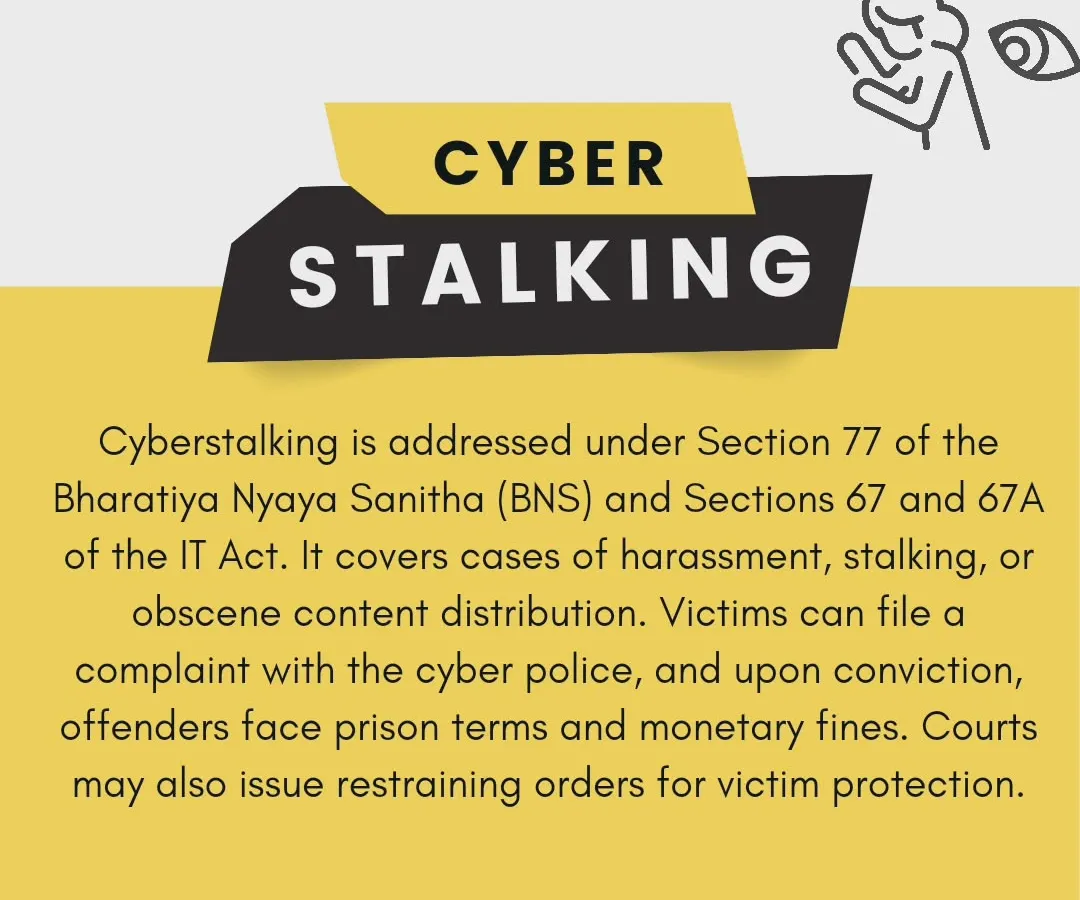 This post explains the legal definition of cyberstalking under Indian law, referencing Section 77 of the Bharatiya Nyaya Sanhita (BNS) and Sections 67/67A of the IT Act. It outlines the potential consequences for offenders, including prison, fines, and restraining orders, to inform victims of their rights.