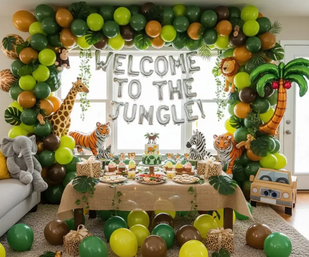Explore a wild adventure with our 'Welcome to the Jungle' birthday theme. We use a rich palette of greens and browns to create a dense jungle look, complete with a large balloon arch, animal cutouts like a giraffe and tiger, and themed props. This immersive decoration is perfect for a memorable first birthday party.