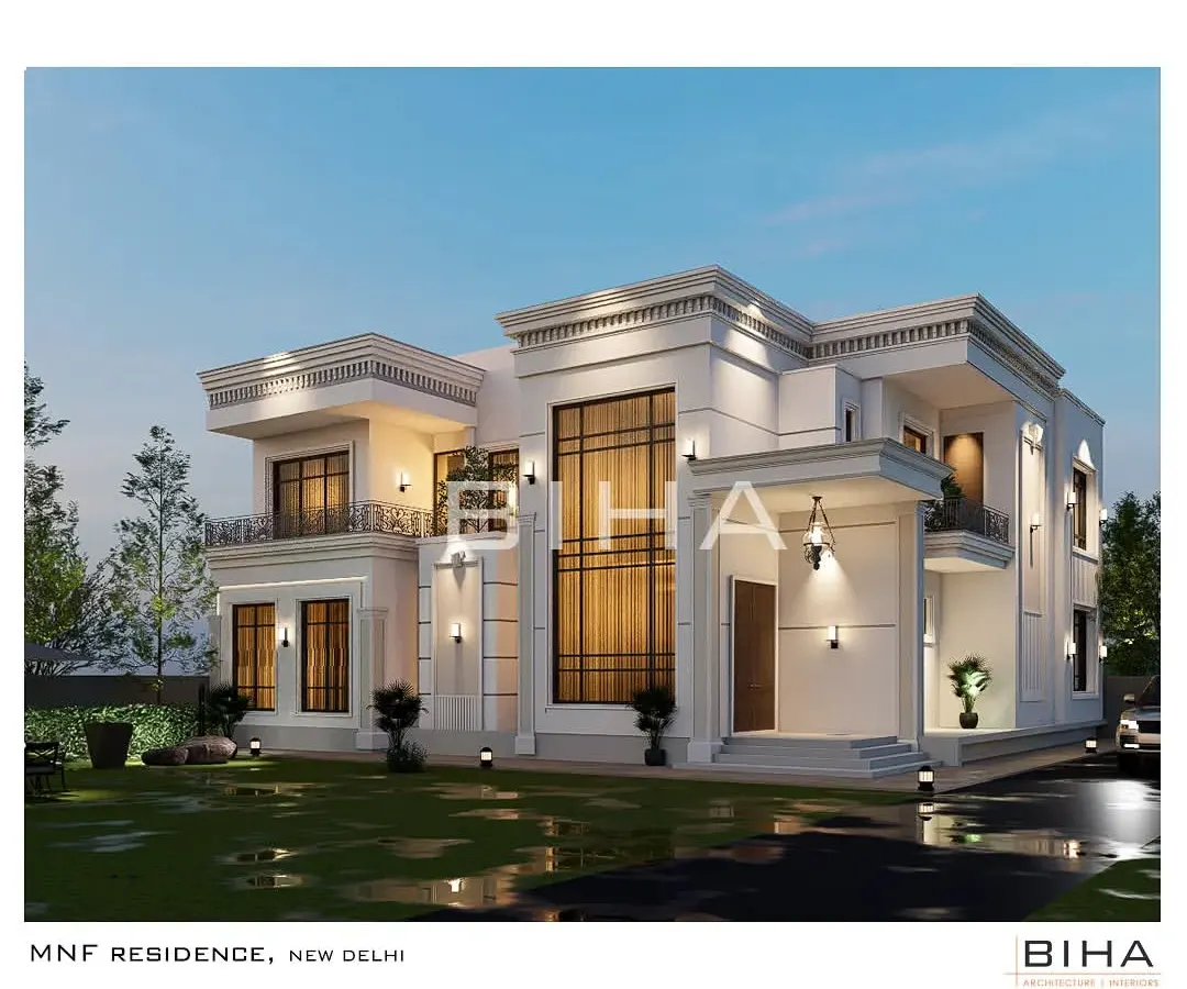 This design for the MNF Residence in New Delhi represents a harmonious blend of modern and neoclassical styles. We focused on a minimal material palette and refined profiles to create an atmosphere of understated luxury and timeless elegance.