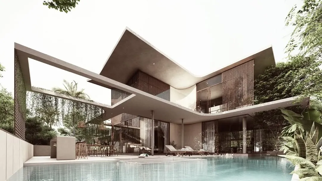 For the House of Veils, we created dramatic, flowing rooflines that shelter expansive outdoor living areas. The design erases the boundary between the interior and the poolside patio, creating a single, unified space for relaxation and social gatherings that is immersed in tropical greenery.