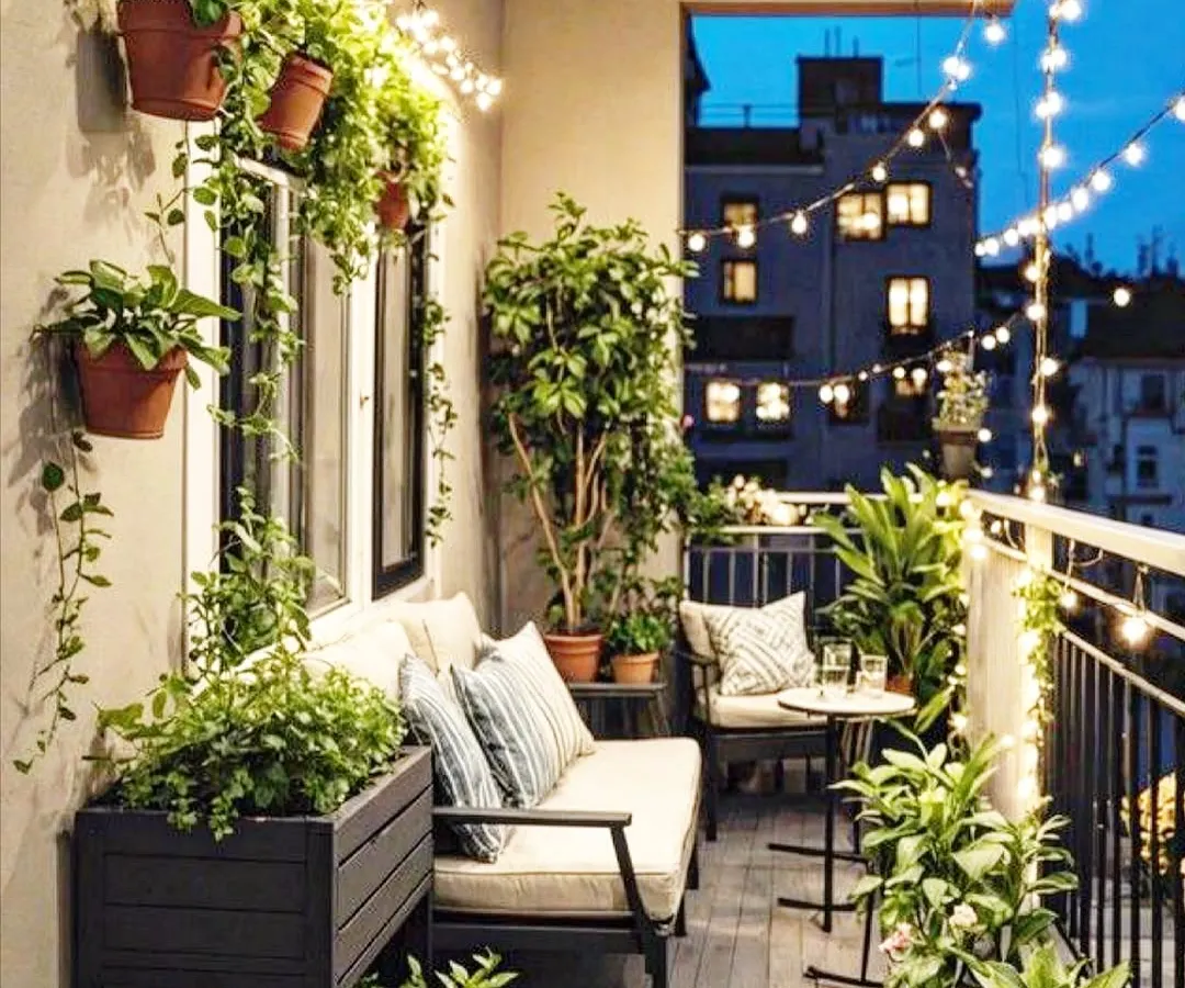 We transformed this compact city balcony into a cozy, magical retreat. With smart use of vertical space, comfortable seating, and warm string lights, even the smallest area can become your favorite spot to unwind.