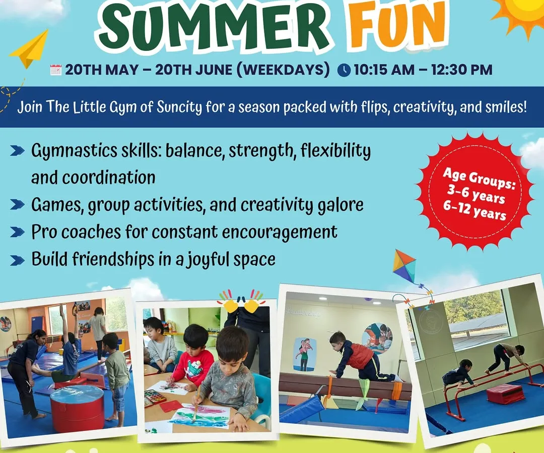 Our Summer Fun camp is the perfect way to fill school holidays with productive play. This poster highlights our blend of gymnastics to build balance and strength, group games for making new friends, and creative activities, all designed for children from 3 to 12 years old.