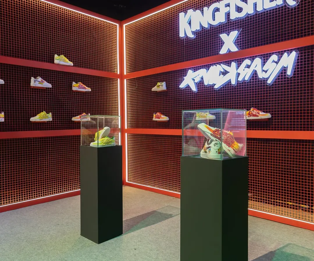 This is our premium event installation for the Kingfisher x Knickgasm collaboration. We design and build high-impact displays with custom lighting and product pedestals to make your brand stand out.