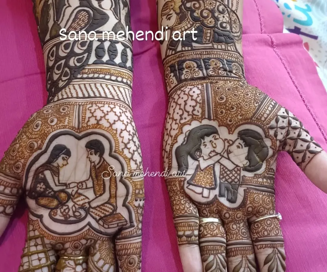 For Raksha Bandhan, I can create truly personal designs that celebrate the bond between siblings. This custom piece features portraits of a brother and sister, along with other festive elements like peacocks and architectural motifs.