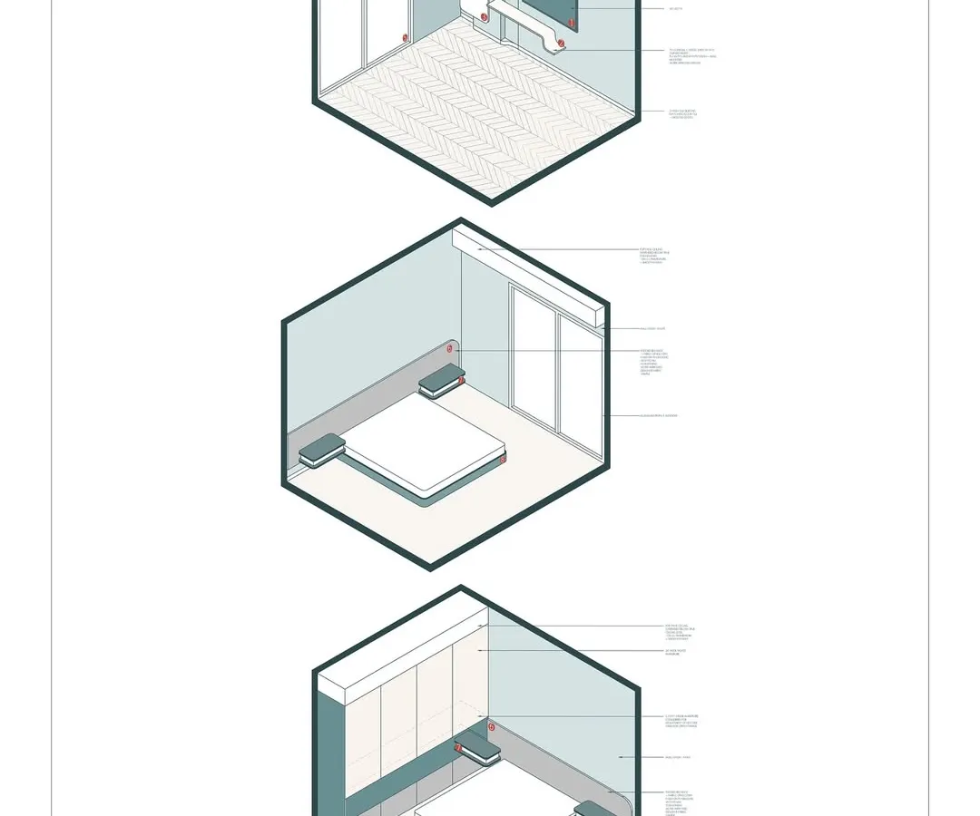 Precision in design prevents confusion on site. We use detailed axonometric drawings like these for a studio apartment to provide absolute clarity for our construction and fabrication teams. This technical documentation ensures every element, from joinery to spatial layout, is executed flawlessly.