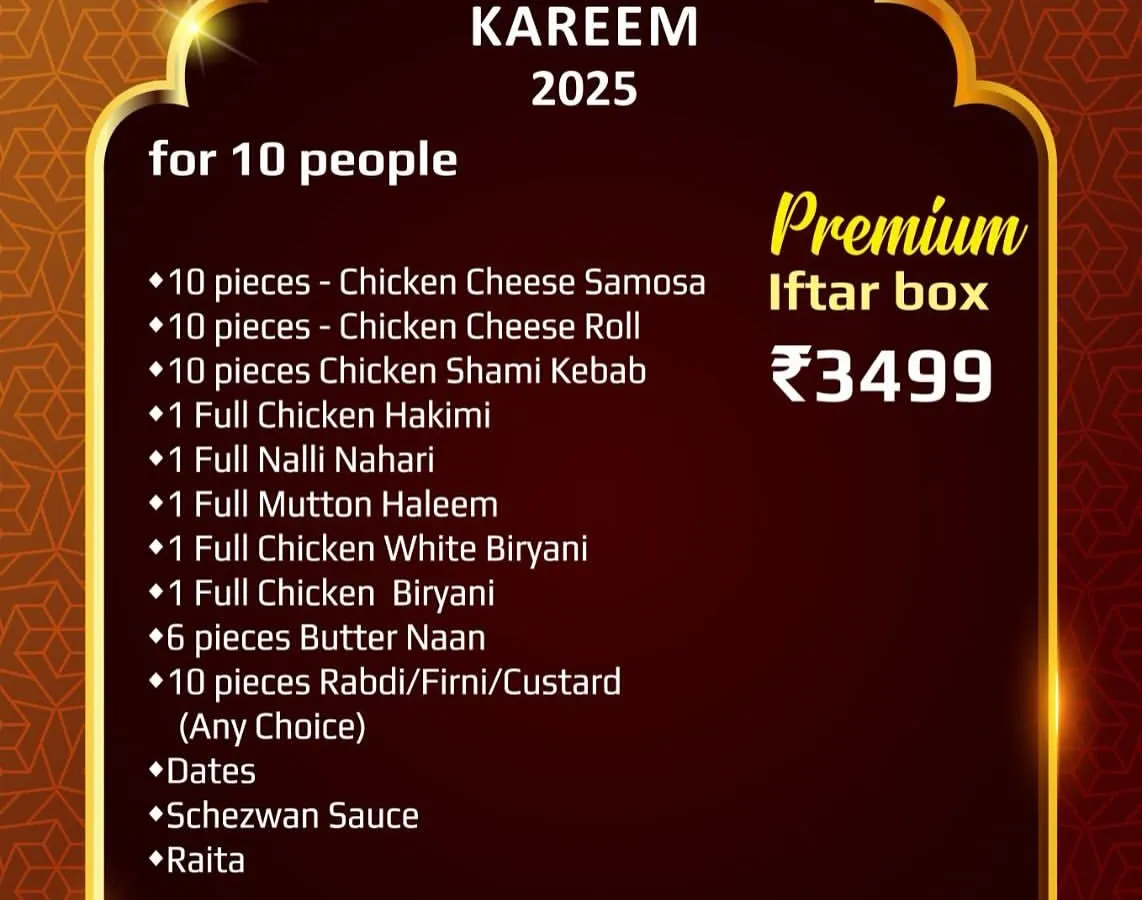 This is our Premium Iftar Box for 10 people. It's a full-on feast with ten pieces each of our popular starters, full portions of Chicken Hakimi, Nalli Nihari, Haleem, two types of Biryani, and ten desserts. It’s the perfect way to share the barkat of Ramzan with your family or colleagues.