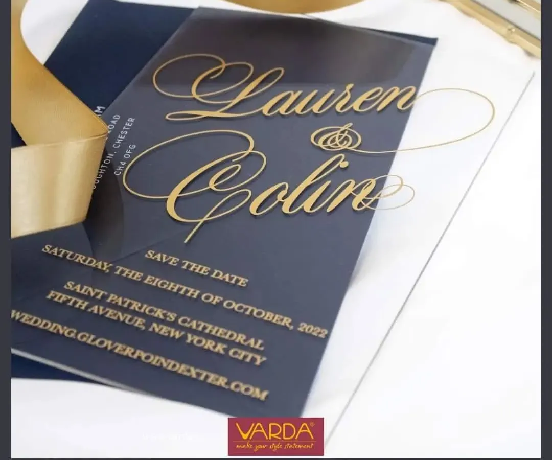Announce your special day with sleek, modern elegance. This 'Save the Date' card, crafted from clear acrylic with gold calligraphy, offers a contemporary and luxurious first impression for a stylish wedding celebration.