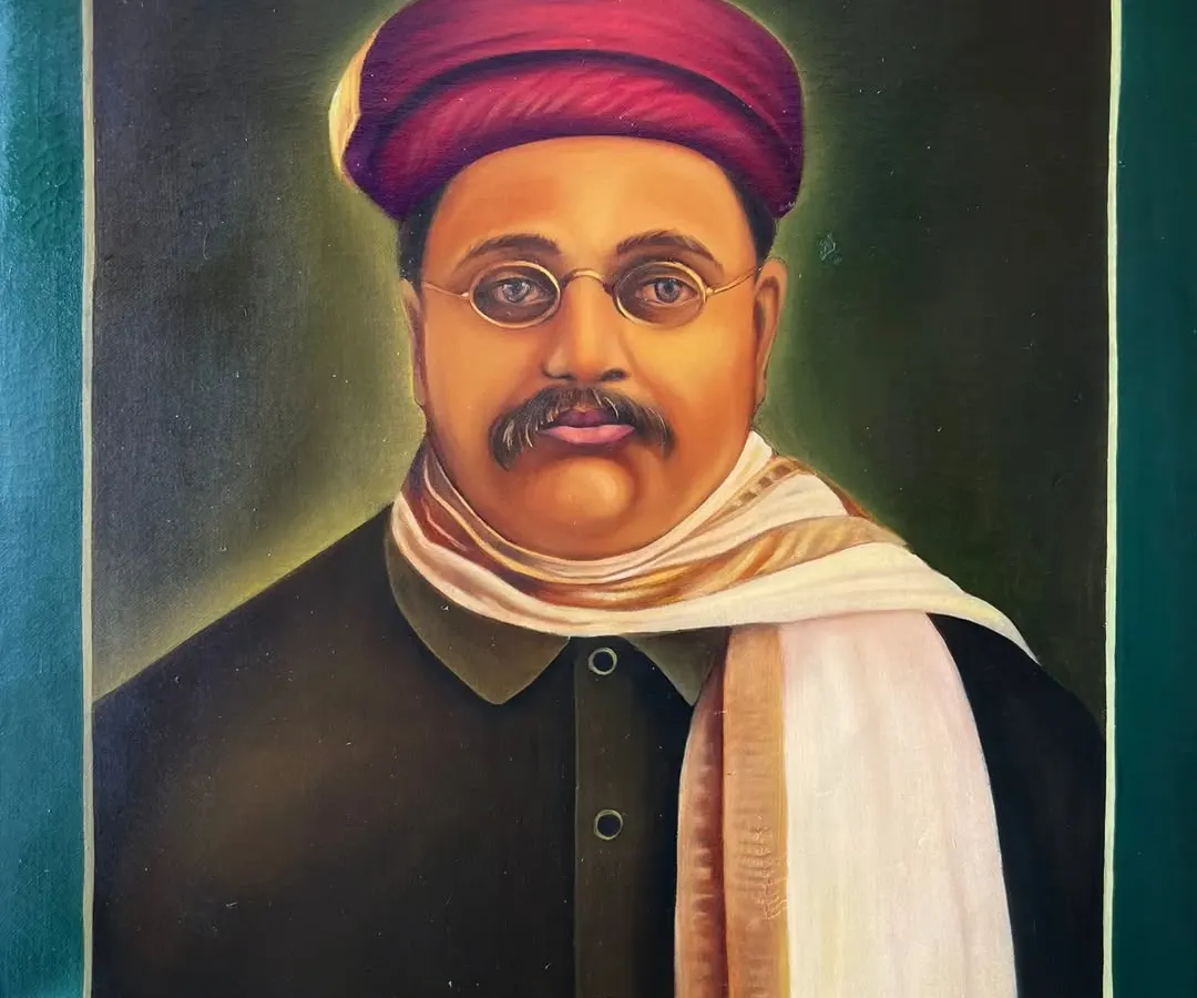 This is a fully restored oil portrait from 1935. Notice the rich colors in the red turban and the smooth skin tones, all brought back to their original glory after careful conservation work.