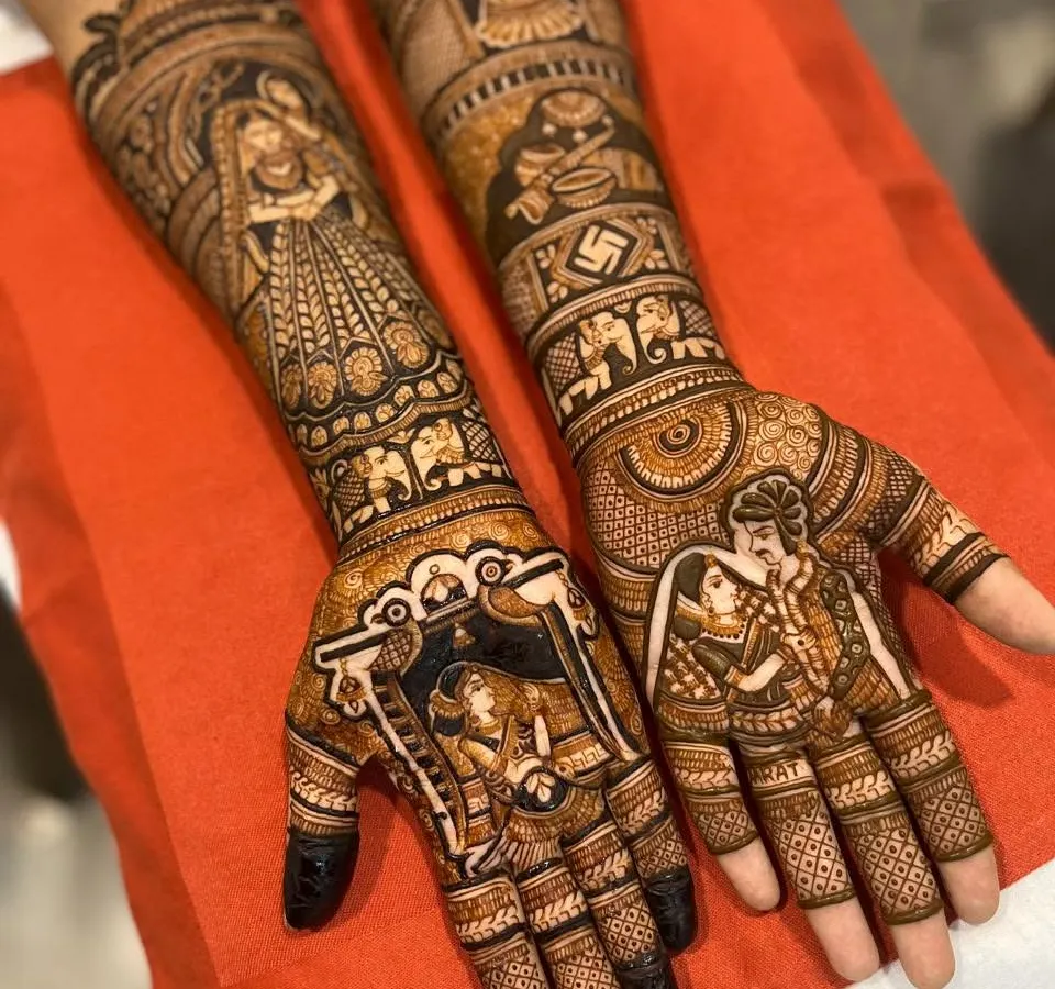 We specialize in telling your unique love story through intricate bridal mehndi. This design features detailed portraits of the couple, wedding rituals, and personalized elements that make it a true masterpiece.