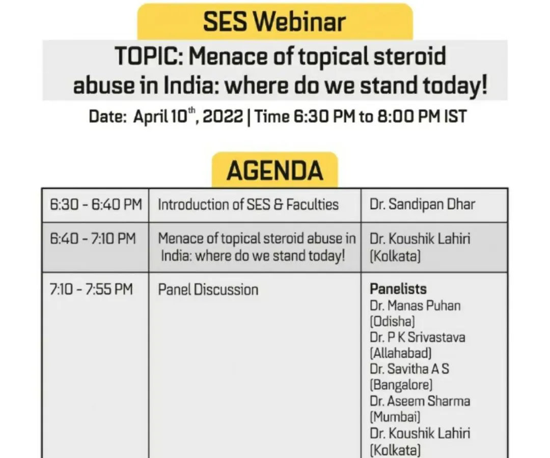 The misuse of topical steroid creams is a significant health concern in India. I was honored to be a panelist for the Society for Eczema Studies, discussing this menace and advocating for safer skincare practices and patient education on steroid-induced skin damage.