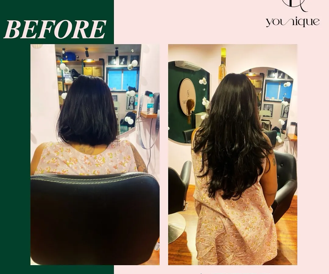 A picture is worth a thousand words, and this before and after says it all. We took this client's lovely bob and gave her the long, full hair she was dreaming of. This is a perfect example of how permanent extensions can completely change your look.