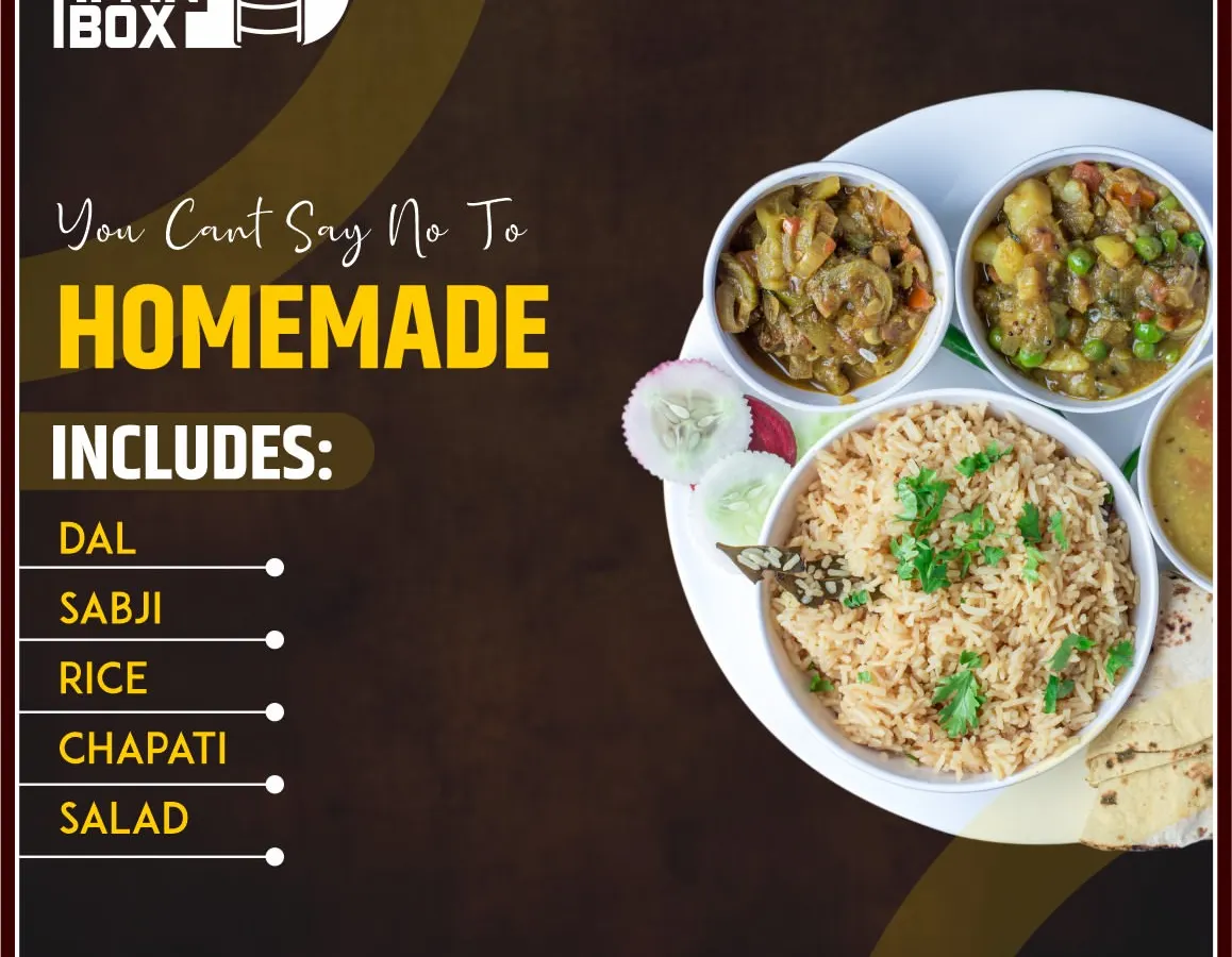 Wondering what’s inside a typical tiffin? Each meal is a balanced plate, complete with Dal, Sabji, Rice, Chapati, and a fresh Salad. It’s a full, nutritious North Indian meal, prepared fresh every day.