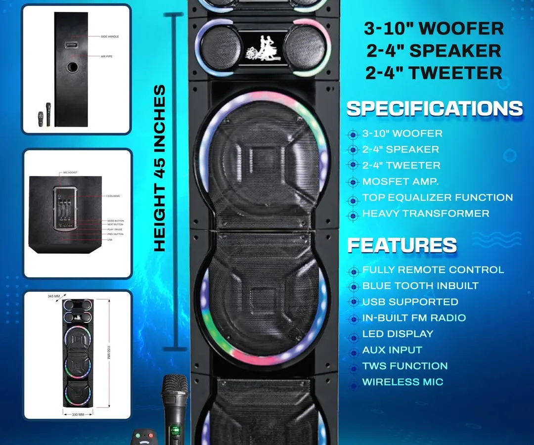 Here are the details for my new X-Series tower. It stands 45 inches tall and is packed with three 10-inch woofers, speakers, and tweeters. I've included all the features like Bluetooth, a wireless mic for karaoke, and full remote control.