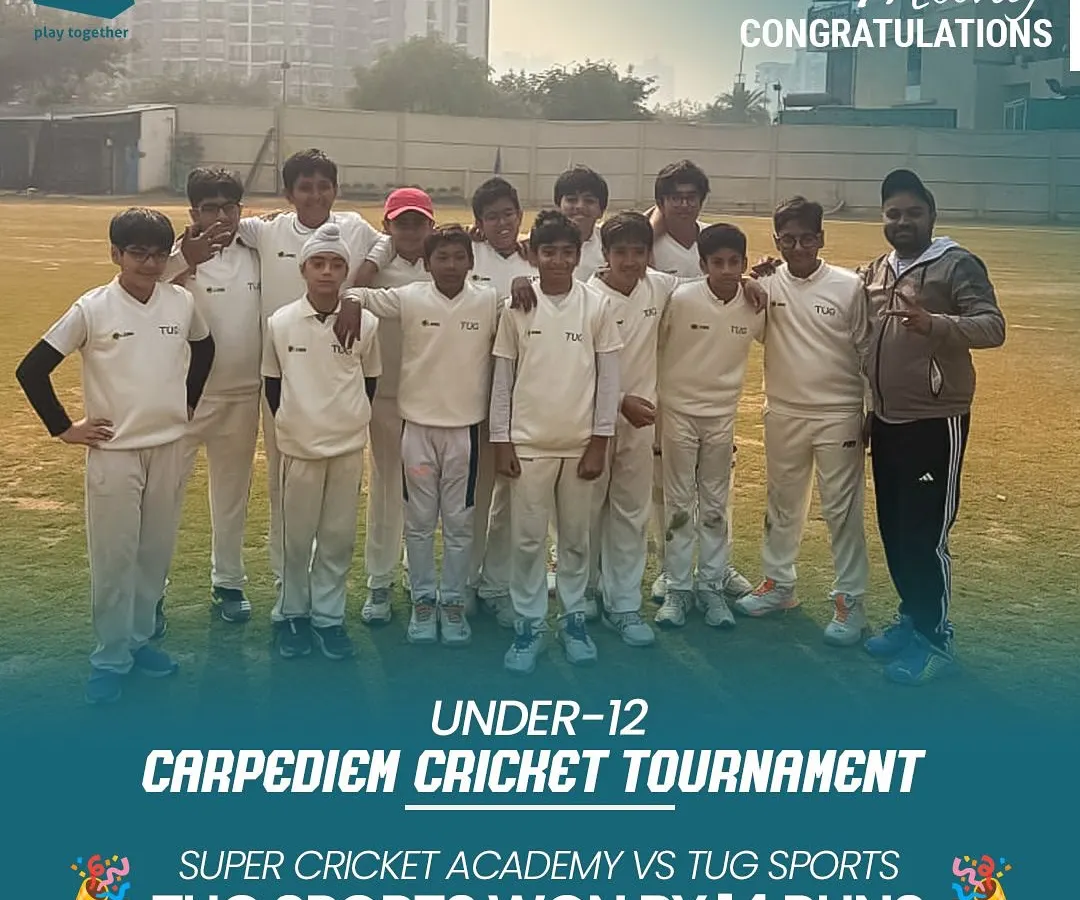 A proud moment for our Under-12 TUG Sports team, celebrating a hard-fought 14-run victory in the Carpediem Cricket Tournament. We focus on building winning habits and team spirit from a young age.