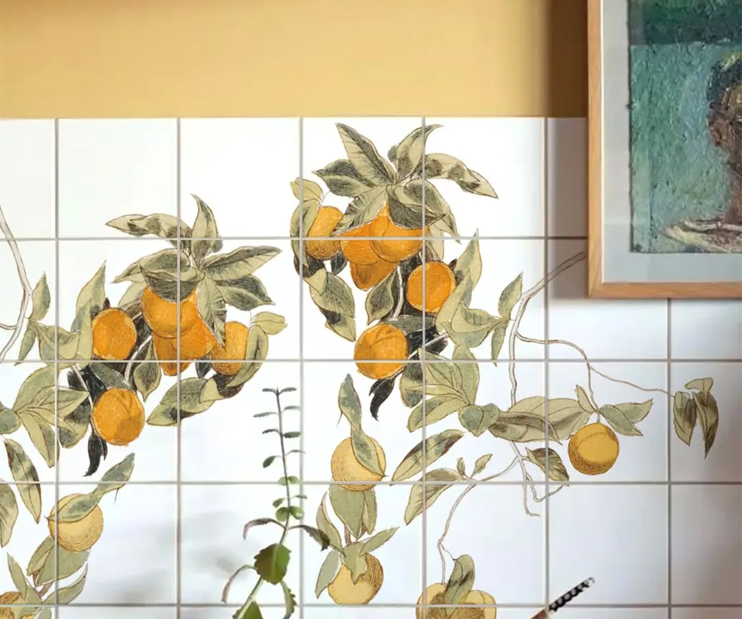 A splash of sunshine for your kitchen. These bespoke ceramic tiles feature a digitally hand-illustrated design of fresh oranges on the vine, turning a simple backsplash into a vibrant, functional piece of art that brightens the entire space.