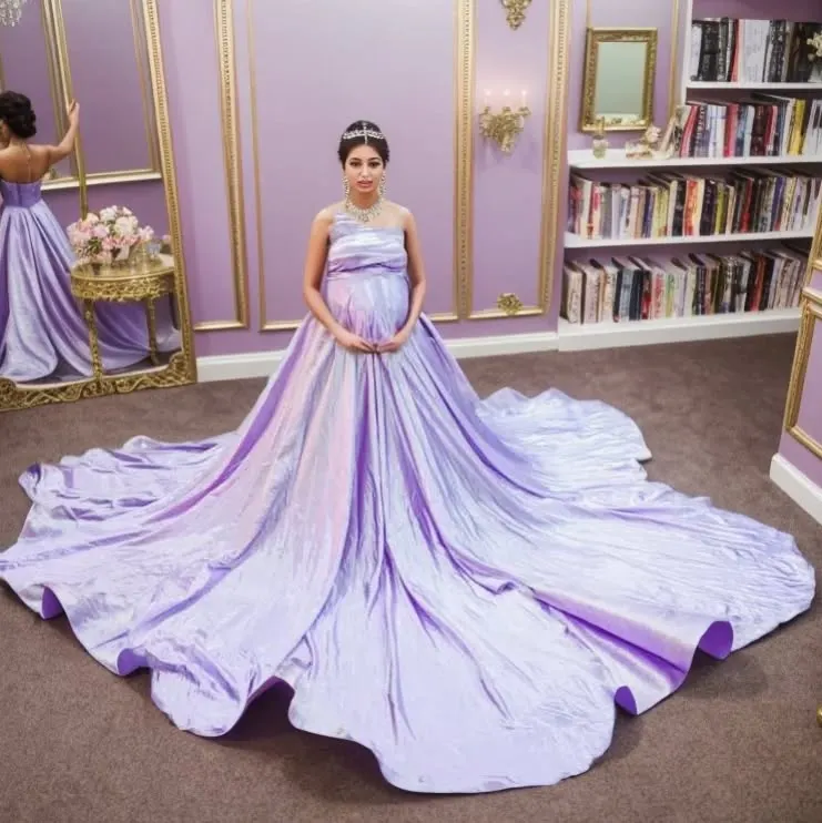 Feel like absolute royalty in our lilac iridescent ballgown. The magnificent trail spreads out to create a fairytale scene, making you the queen of your own story. This gown is perfect for an opulent indoor pregnancy photoshoot.