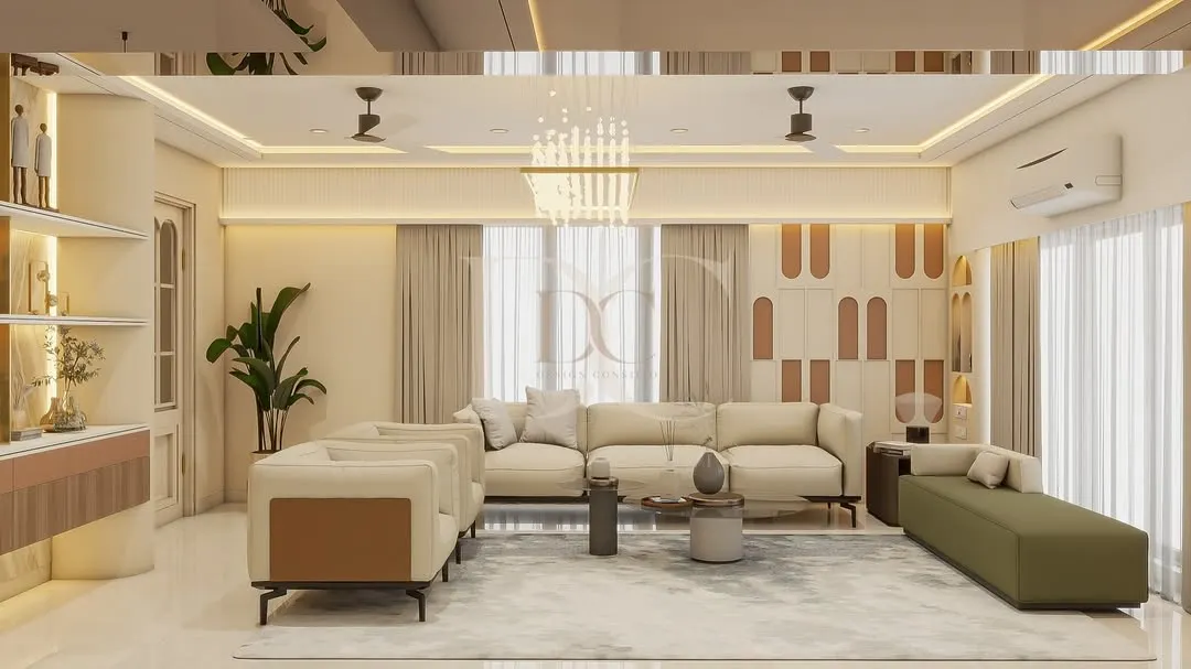 Here is a look at a spacious living room we designed, combining comfort with luxury. We used a neutral color palette with pops of olive green, a statement chandelier, and custom wall paneling to create a sophisticated yet inviting atmosphere for the family.
