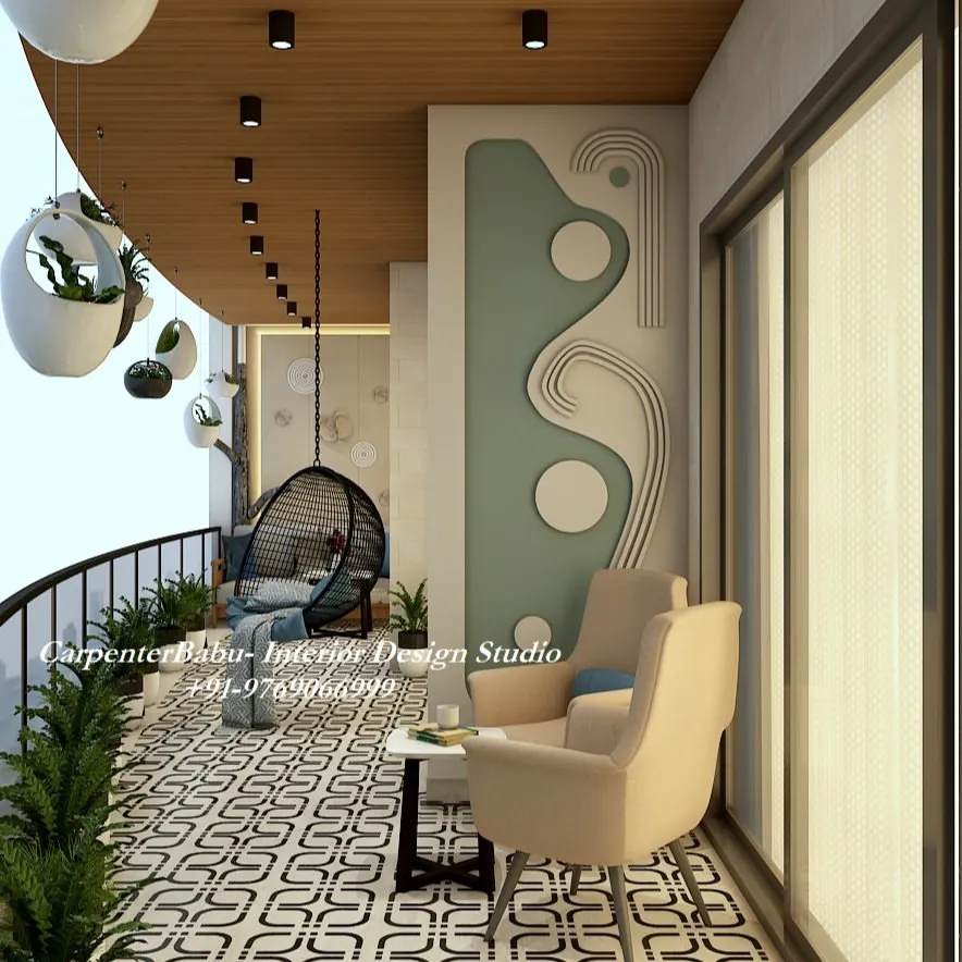 I believe every home needs a special corner to unwind. Here is a spacious 400 sq. ft. balcony I designed to feel like a luxurious private terrace, complete with a comfortable swing chair, lush planters, and unique floor patterns. It’s the perfect spot to de-stress after a long day.