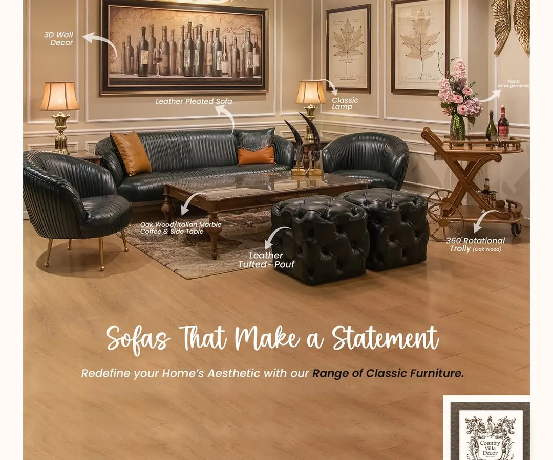 I designed this living room to be a complete expression of classic comfort. It features my leather pleated sofa and armchairs, tufted poufs, and a versatile bar trolley, all working together to create a space that is both grand and inviting.