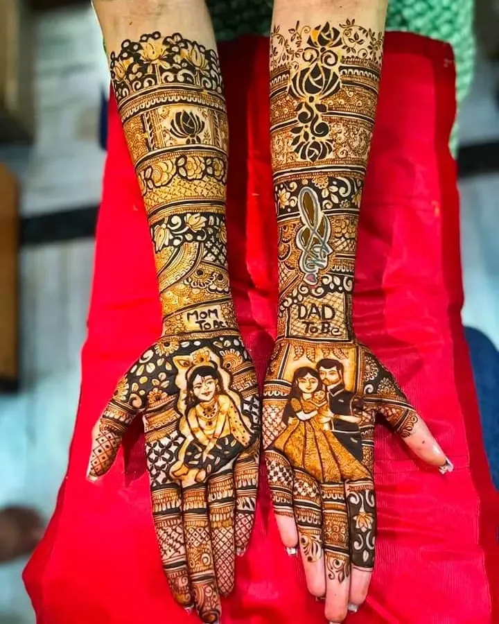 We create special custom portrait mehndi for your big events. This unique design for a baby shower features the 'Mom to be' and 'Dad to be', making the celebration truly memorable.