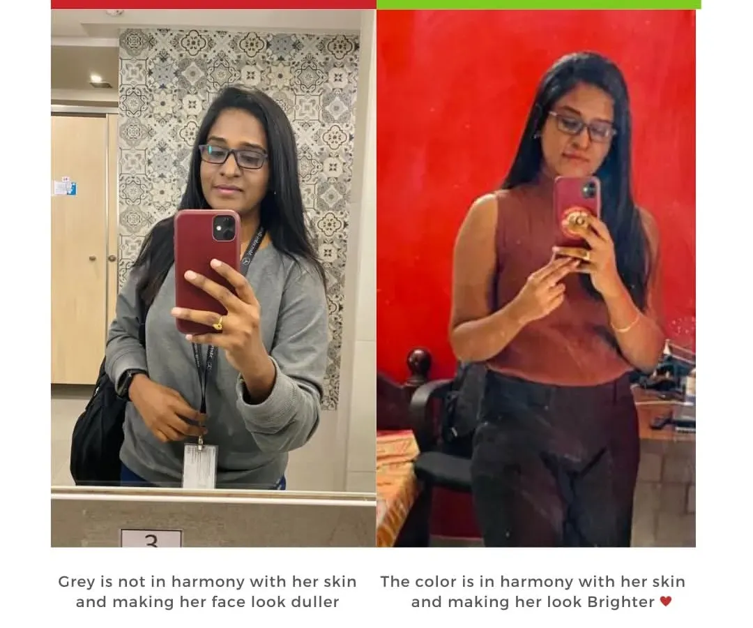 A picture is worth a thousand words. On the left, a color that isn't in harmony with her skin. On the right, after her color analysis, she's wearing a shade from her personal palette that makes her look brighter and more confident. This is the power of knowing your colors.