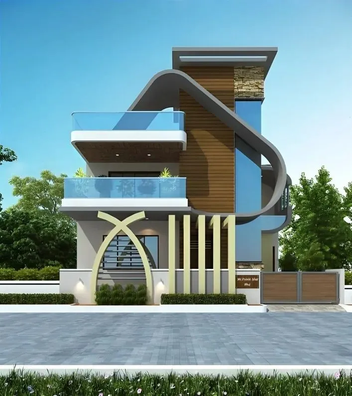 We love creating bold architectural statements. This design features a sweeping, curved facade that wraps around the upper floor, contrasted with natural wood and stone textures. The glass railings on the dual balconies ensure unobstructed views and a feeling of openness.