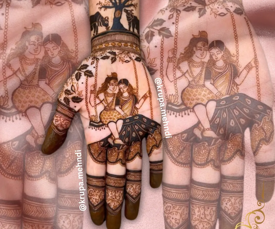 Capturing the divine love of Shiv and Parvati on a swing, this bridal design is for those who want their mehndi to be a piece of art filled with emotion and grace.