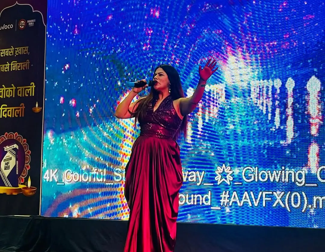 On stage for Nuvoco Vistas' Diwali celebration. A big stage and a big crowd is where I feel most at home, making sure the event's energy matches the scale of the production.