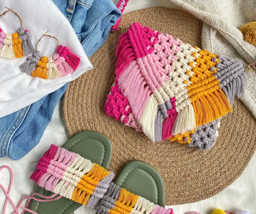 How about a full matching set? 🥰 I love creating custom combos like this pink candy set. Here I've paired one of my best selling macrame clutches with matching tassel hoop earrings and even some fun sandals. If you have a color combo in mind, I can bring it to life for you!