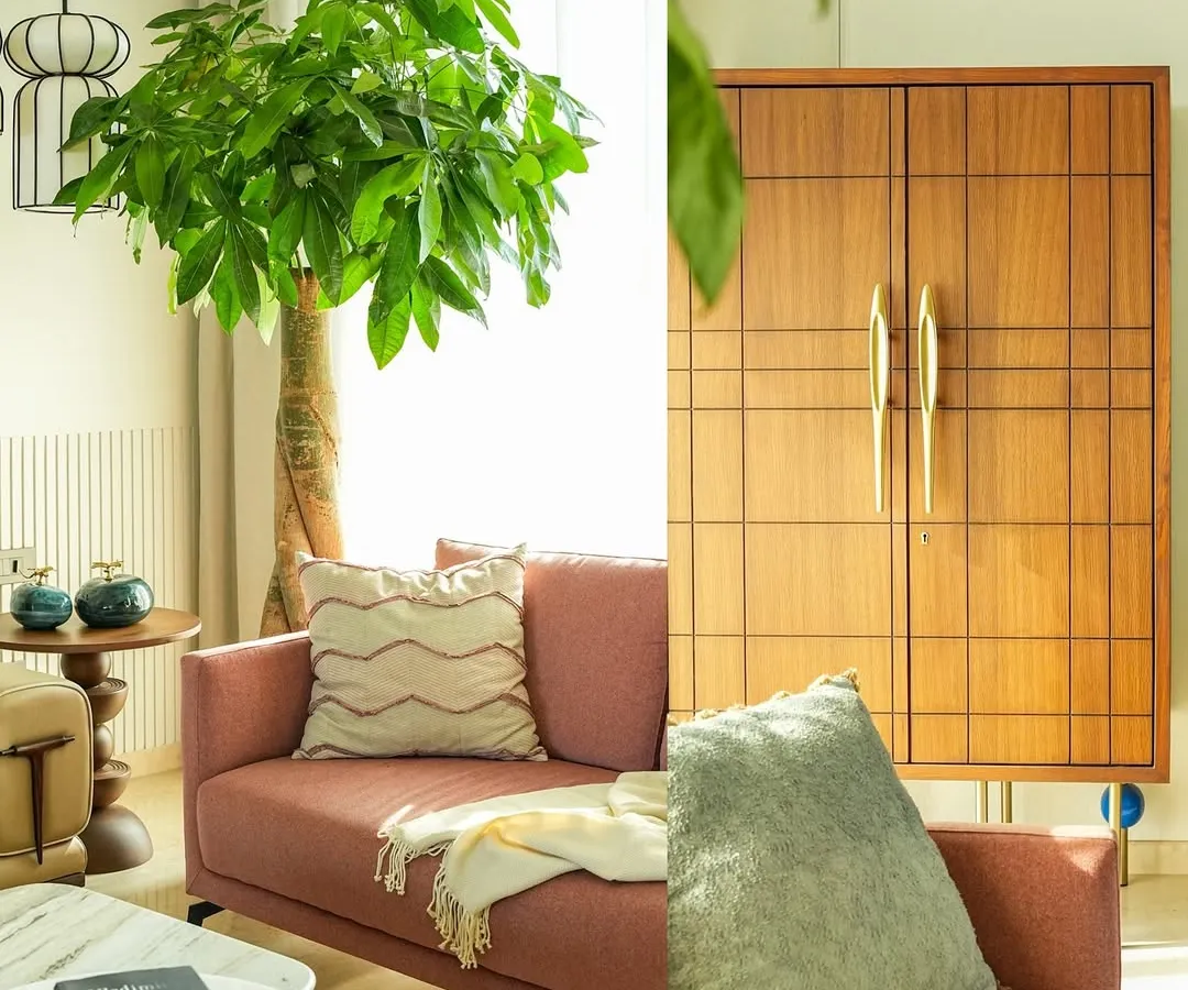 I used a diptych format here to capture the warm and inviting atmosphere of this living room designed by Studio El Sol. On the left, you see the overall space with its natural light and greenery, while the right side focuses on the details of the custom wooden cabinetry, showing my eye for both the big picture and the small details in residential photography.
