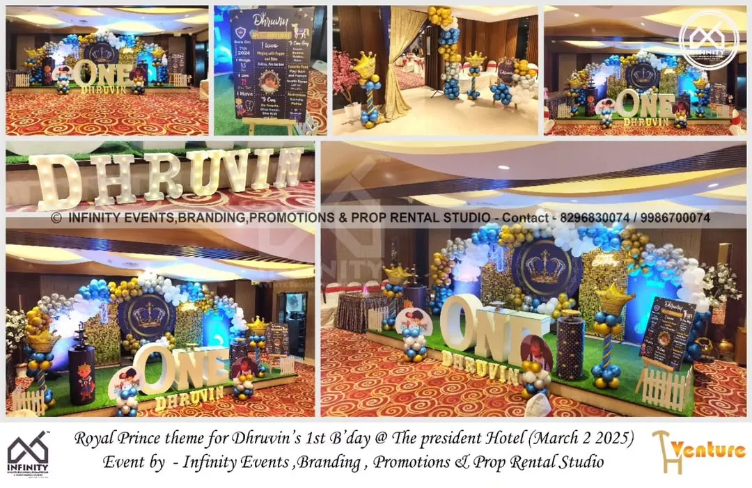 A royal celebration fit for a little prince. For this first birthday at The President Hotel, we designed a grand Royal Prince theme featuring a stunning gold sequin backdrop, custom signage, and a full stage setup to create a truly memorable event.