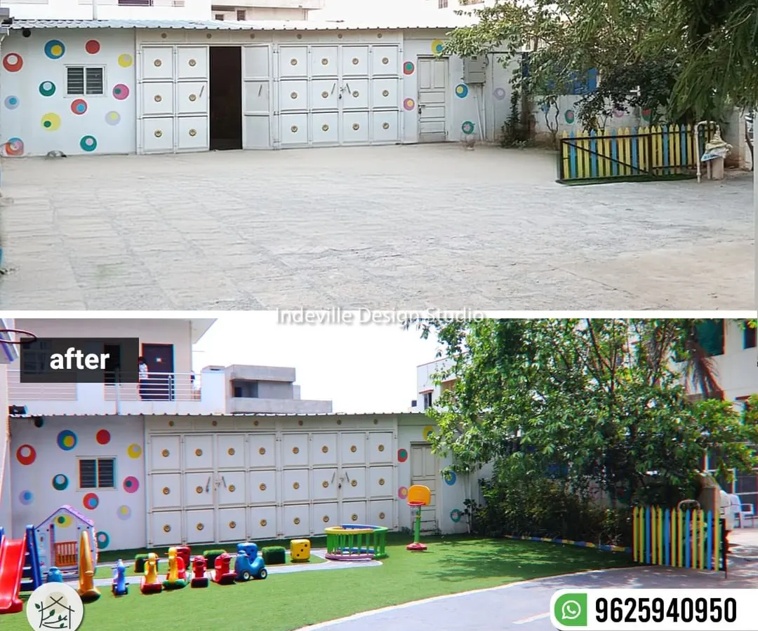 A powerful before-and-after of a preschool playground I transformed. I turned a barren concrete yard into a safe, joyful, and nature-filled space with child-safe artificial turf and colorful play equipment, creating a place where little explorers can thrive.