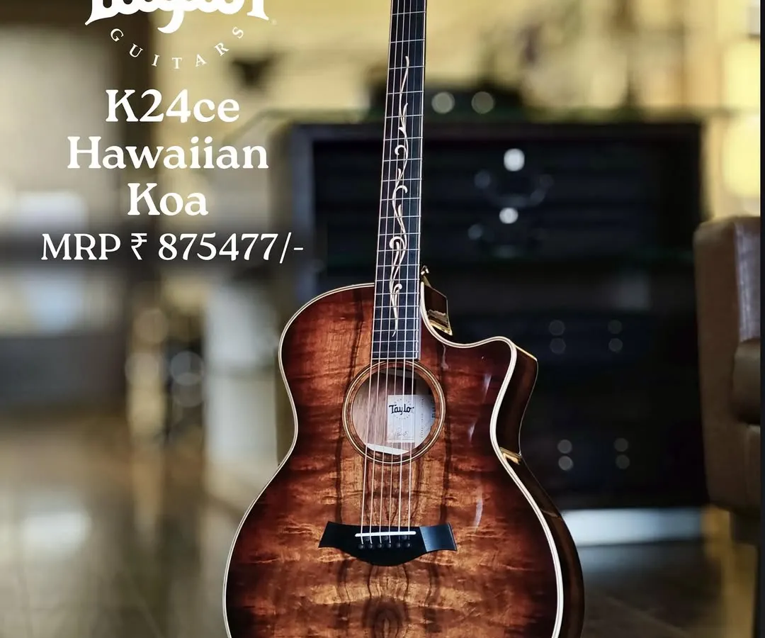 A masterpiece of craftsmanship, the Taylor K24ce acoustic guitar with its stunning Hawaiian Koa body. This is an example of the premium, world-class instruments you can find and play in our experience store.