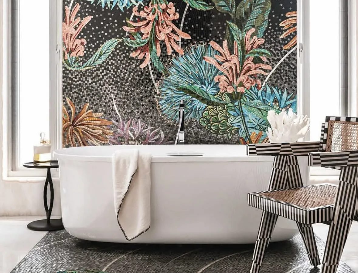 For me, a bathroom should be a private sanctuary. In this home, we transformed the space into a work of art with a stunning floral mosaic from Sicis that flows from the wall onto the floor. It’s a testament to how artistic expression and everyday function can come together in the most beautiful way.