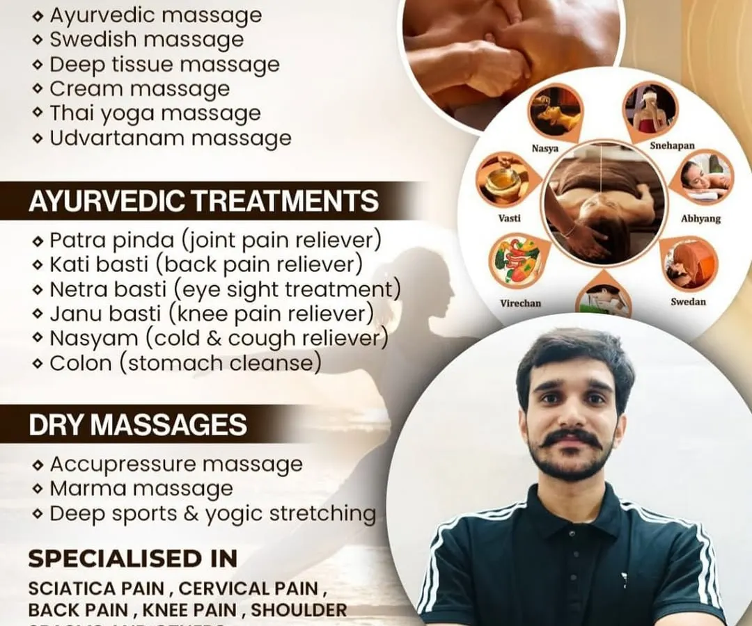 Here is a complete overview of the healing services I provide, all in the comfort of your home. From holistic oil massages like Ayurvedic and Deep Tissue to specialized Ayurvedic treatments for pain relief and dry massages like Acupressure, I tailor each session to your body's specific needs. My expertise also covers managing chronic conditions like sciatica and back pain.