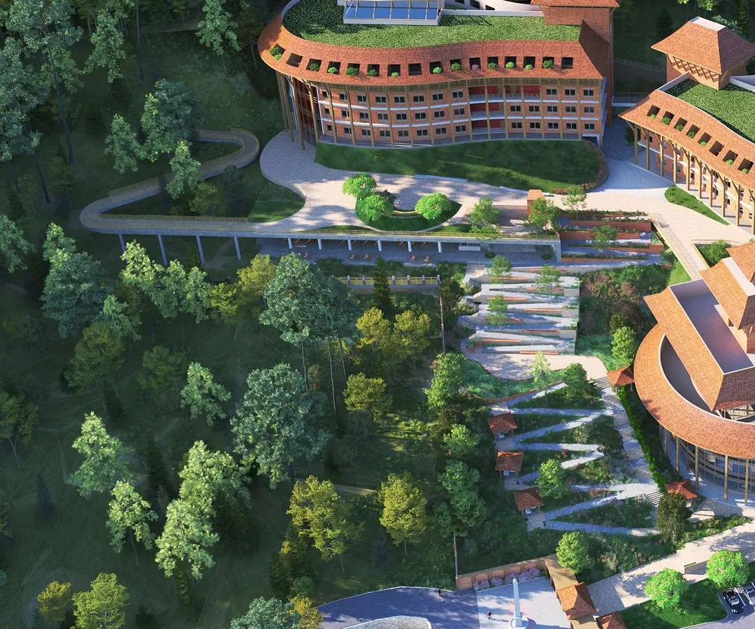 Our master plan for the Netaji Subhash Chandra Bose University of Excellence in Sikkim demonstrates our expertise in designing for challenging terrains. This aerial render shows how buildings are integrated into the natural contours of the land, preserving the landscape while creating a cohesive campus.