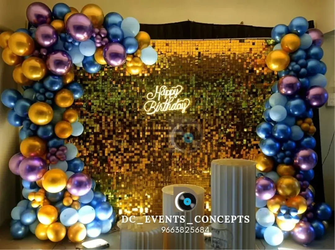 We bring the glam with this stunning birthday setup, featuring a gold shimmer wall, a custom neon sign, and a vibrant balloon arch. It’s the perfect backdrop for a stylish and memorable celebration.