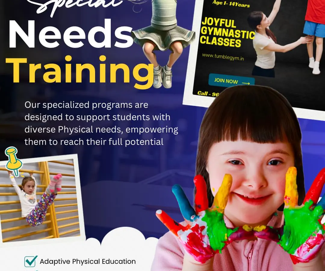 Our gym is a welcoming space for children of all abilities. This graphic highlights our specialized programs for kids with diverse physical and sensory needs, focusing on adaptive physical education, social skills development, and individualized training plans.