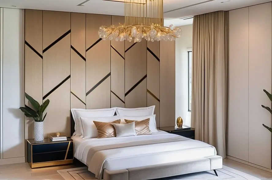 We believe a master bedroom should be a true sanctuary. In this 3D render, we designed a space with a dramatic, geometrically paneled feature wall, a stunning gold chandelier, and a calm, neutral palette to create an atmosphere of pure, uncluttered luxury.