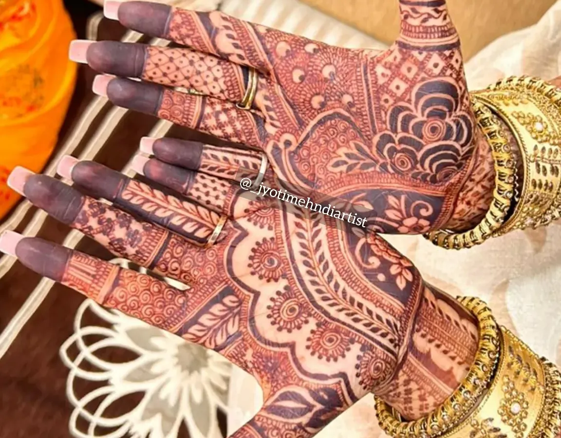 The final result is just as important as the initial design. I use high-quality, natural henna to ensure a beautiful, dark, and long-lasting stain, as you can see on these hands adorned with intricate bangles.