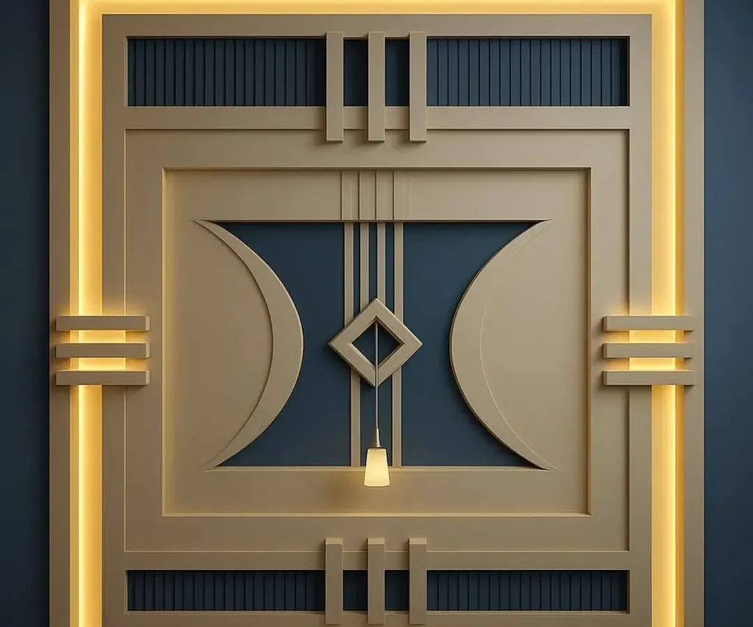 I create statement pieces that define a room. This is a custom-designed gypsum wall panel featuring intricate geometric shapes, layered construction, and built-in profile lighting for a warm, ambient glow.