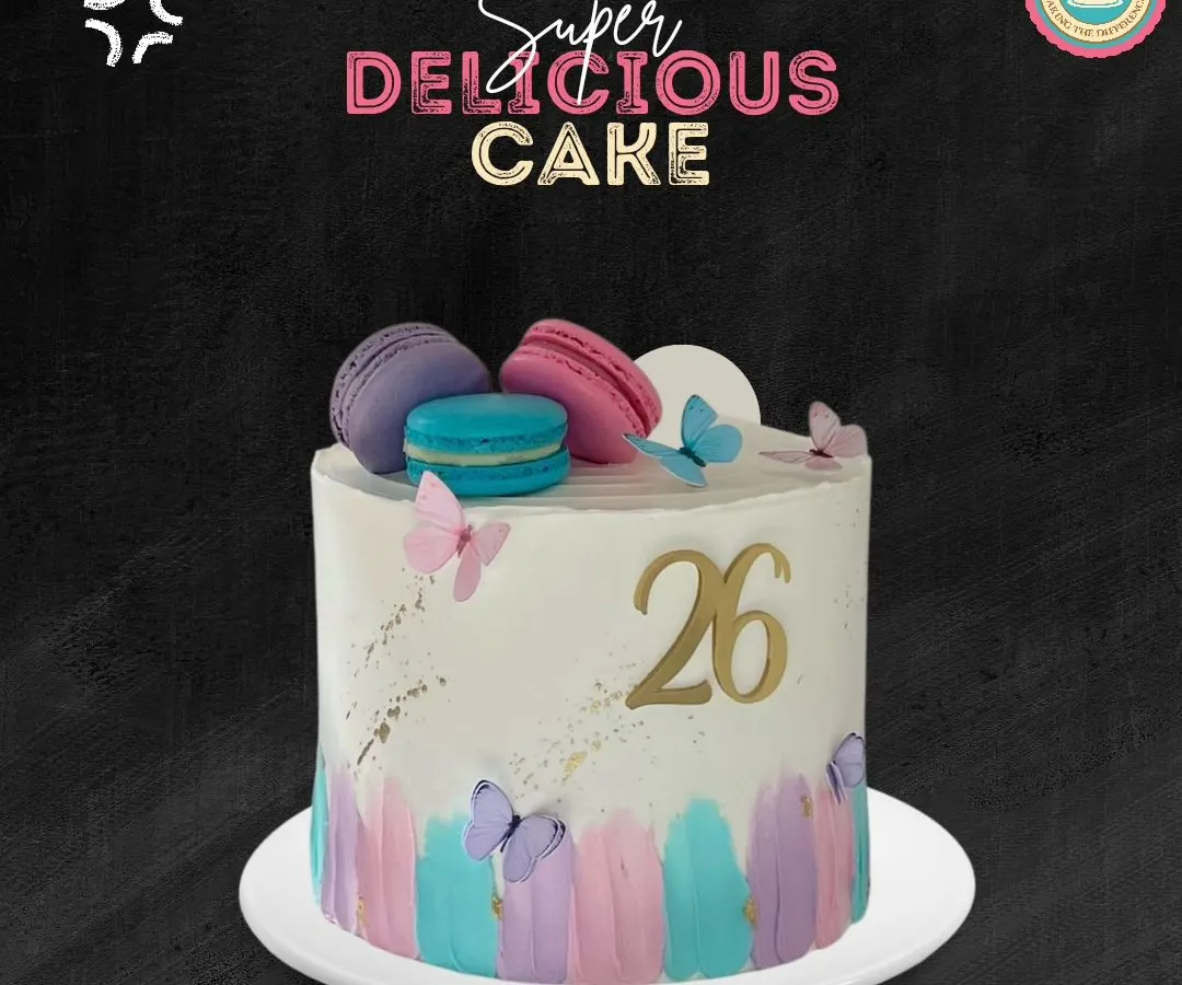 This is a perfect example of a custom birthday cake for a special milestone. I created this beautiful pastel design with delicate butterflies, a custom '26' topper, and a crown of colorful macarons. It’s a super delicious centerpiece for any celebration.