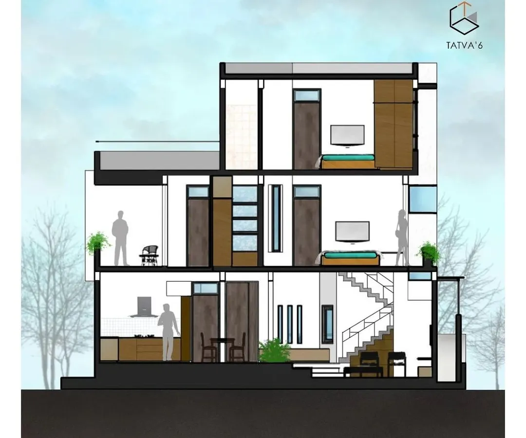 This is a detailed sectional drawing for a residential bungalow in Mysore, illustrating our focus on interior spatial planning. It reveals the home's internal flow across multiple levels, showing how we design living spaces, bedrooms, and circulation areas to create a functional and harmonious living experience.