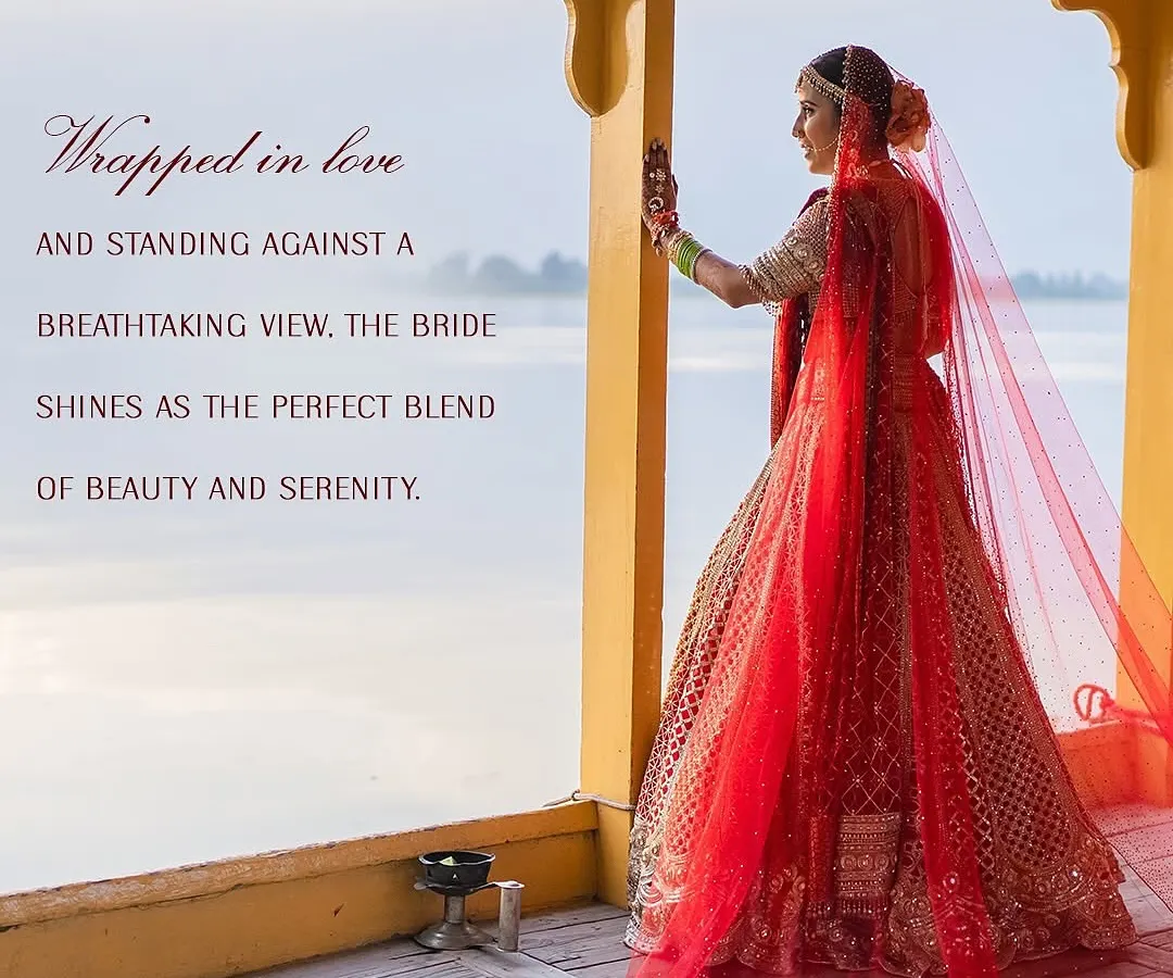 Wrapped in love and standing against a breathtaking view, the bride shines as the perfect blend of beauty and serenity. This traditional red Tarun Tahiliani lehenga was chosen to create a timeless and powerful bridal statement.
