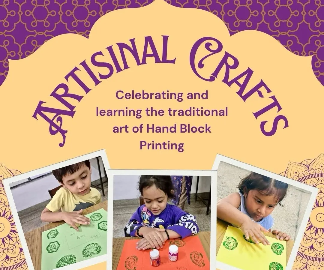 Our artisanal crafts workshops introduce children to heritage arts like Hand Block Printing. In this session, our young artists are deeply focused on creating their own patterns, developing fine motor skills and an appreciation for traditional Indian crafts.