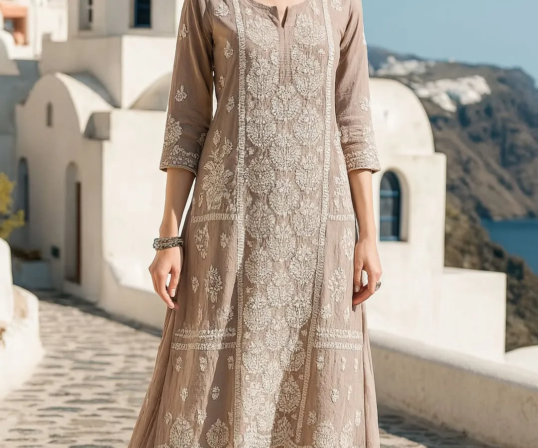We believe in the timeless charm of Lucknowi embroidery. This long, layered dress features intricate, handcrafted Chikankari work all over. It's an elegant and graceful outfit that works wonderfully for family gatherings, pujas, or daytime events where you want a touch of classic Indian heritage.
