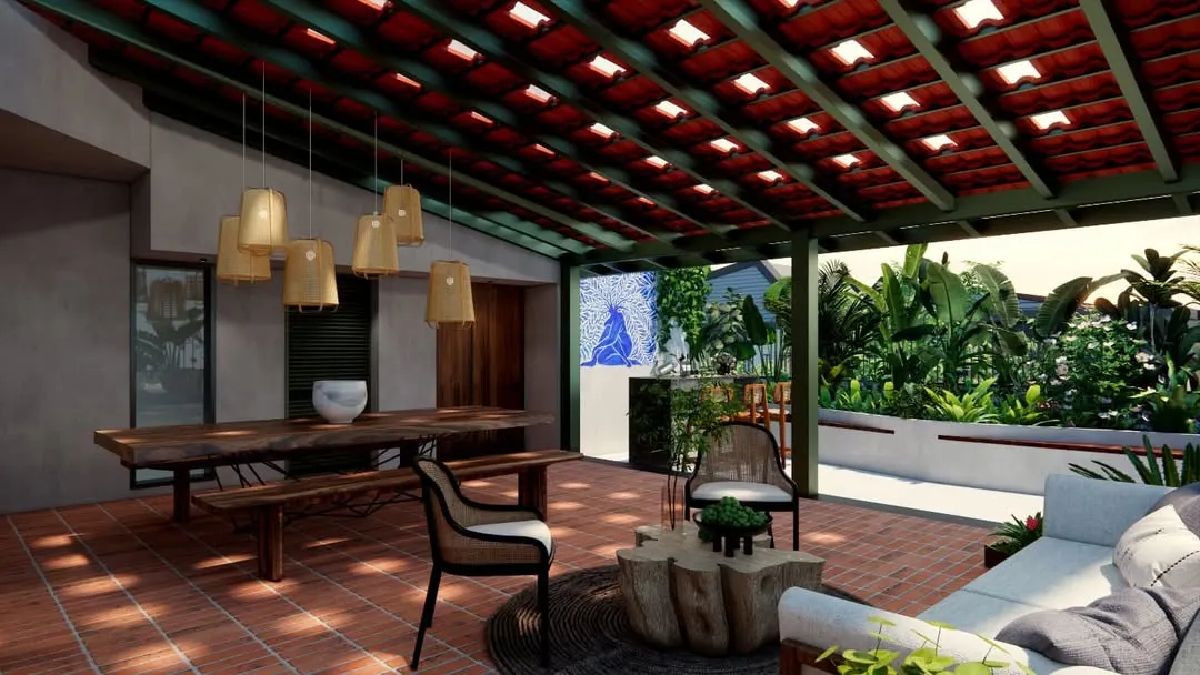 We believe in dissolving the lines between indoors and outdoors. This landscaped terrace for HAUS 5 in Bengaluru features a traditional Mangalore tile roof, brick flooring, and a custom live-edge table, creating a tropical yet modern space for relaxation and work.